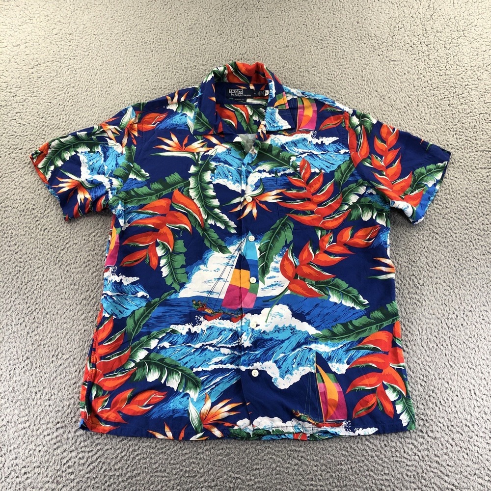Polo Ralph Lauren Shirt Men Medium Blue Hoffman Print Camp Tropical Resort Beach